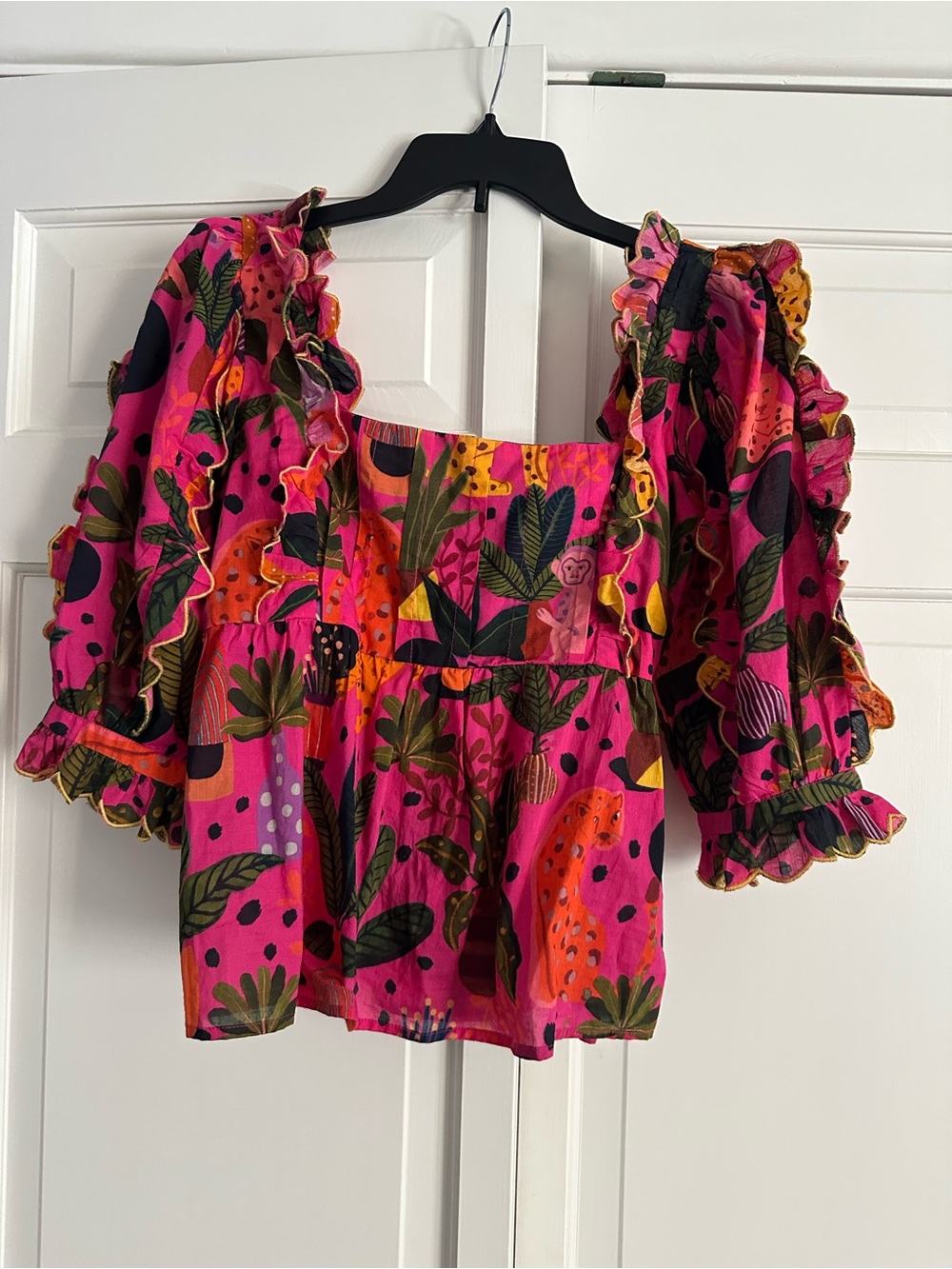 FARM Rio Hot Pink Tropical Puff-Sleeve Peplum Top